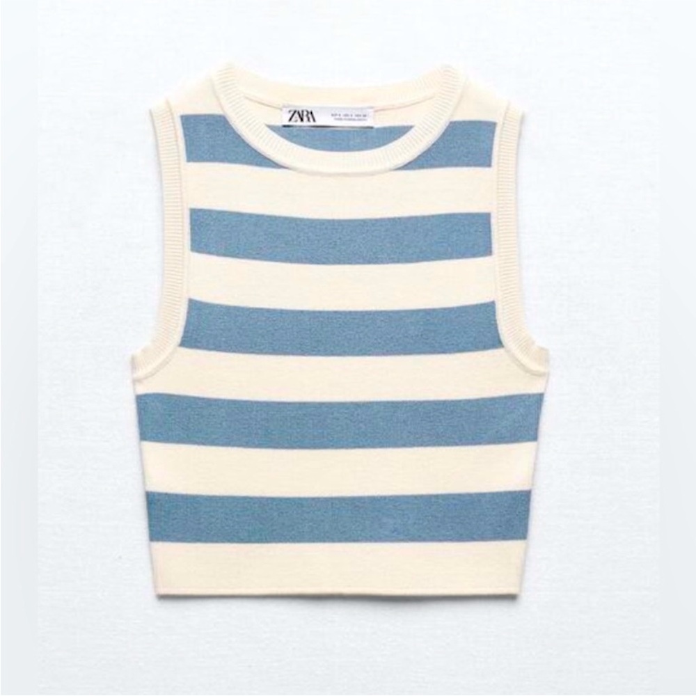 Zara Blue and Cream Striped Knit Crop Top Vest